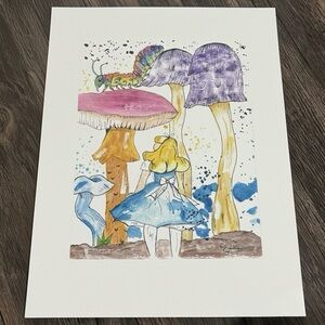 Alice in Wonderland Inspired Mushroom Art Print Whimsical Fantasy Decor